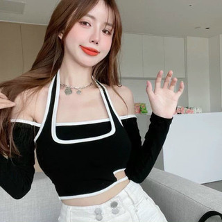 Áo croptop gân tay dài giả yếm khoét eo