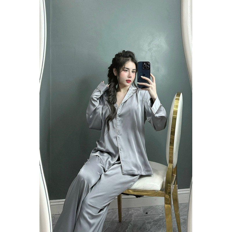 PIJAMA LỤA DÀI XÁM TRƠN  SANG CHẢNH