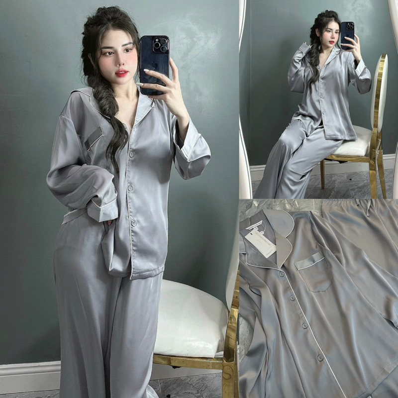 BỘ PYJAMA LỤA DÀI XÁM TRƠN QUẢNG CHÂU CAO CẤP MÃ 2023-3103