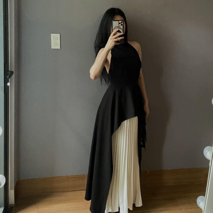 Đầm váy nữ kiểu cổ yếm không tay dáng peplum thân dưới xếp ly dài thiết kế cao cấp đi dự tiệc cưới dạ hội sự kiện LEVAN