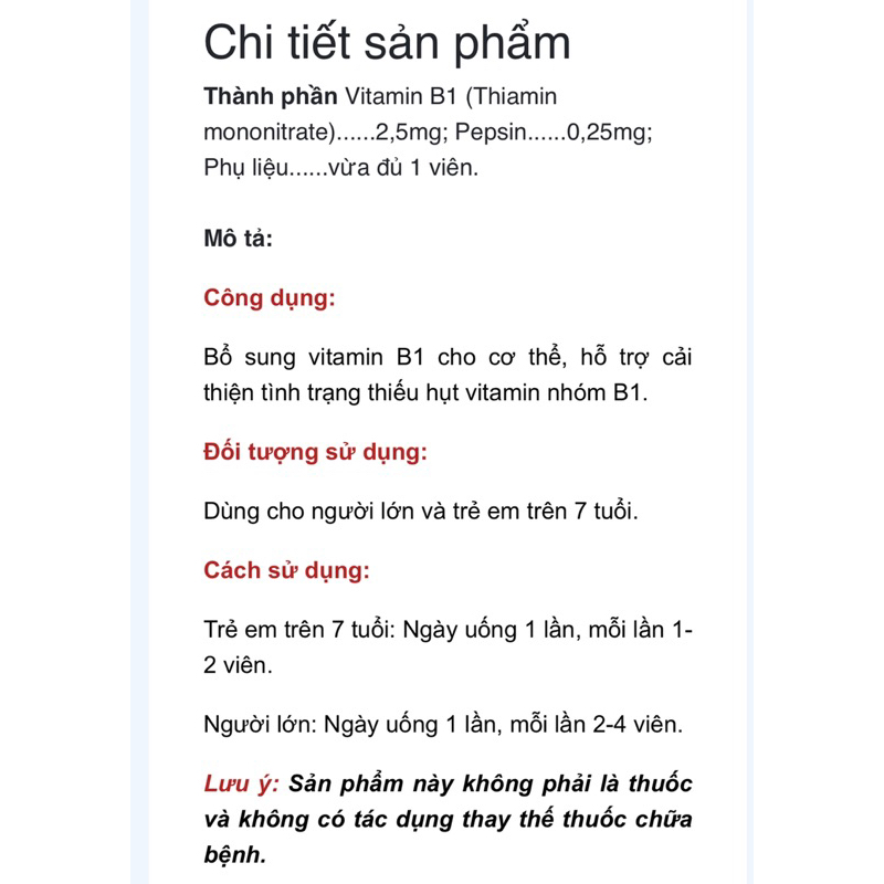 Vitamin B1. chai 100viên nén.