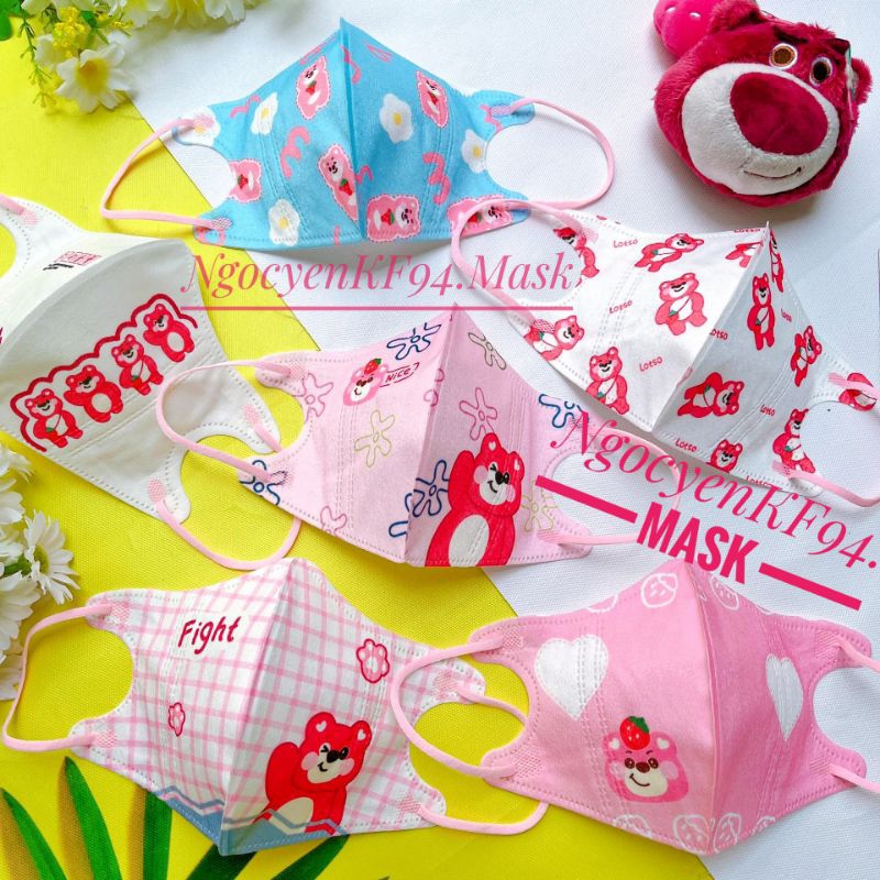Set 10 Chiếc Khẩu Trang 3D In Hình Gấu Dâu Dễ Thương Dành Cho Bé 4-8 Tuổi