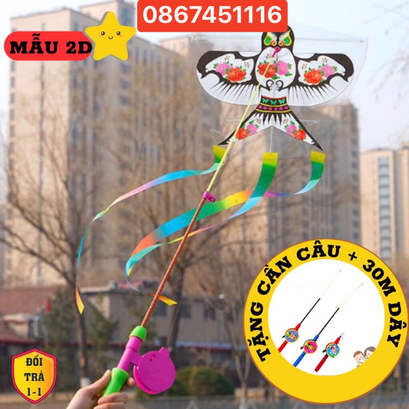 Diều Cần Câu Mini. Đồ Chơi Cho Thả Diều Bé Họa Tiết Hoạt Hình Dễ Thương Kèm Cần Câu Và Dây Thả 30M
