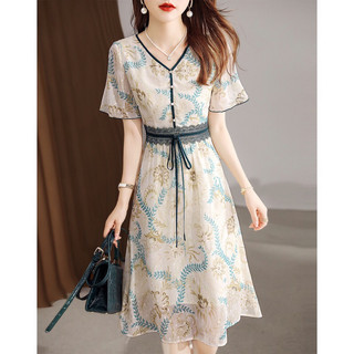 Đầm nữ cao cấp, thiết kế cổ V, vân hoa, phối ren thanh lịch, duyên dáng NV1056