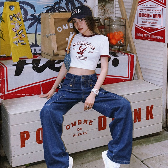 Áo Croptop Tay Ngắn MIMILA Phối In Hình BEER BRO CLUB Siêu Cá Tính Chất Thun Lạnh Mỏng Mát - MA130