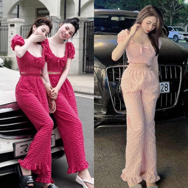 Set Bộ Caro áo chun nhún cổ u sâu tay phồng +quần suông kẻ hồng viền bèo