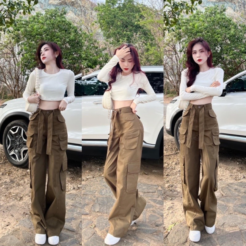 Set quần túi hộp + áo thun crop dài tay