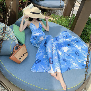Váy maxi đi biển xanh hoa 3D