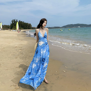 Váy maxi đi biển xanh hoa 3D