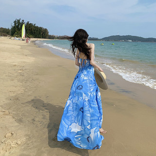 Váy maxi đi biển xanh hoa 3D