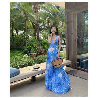 Váy maxi đi biển xanh hoa 3D
