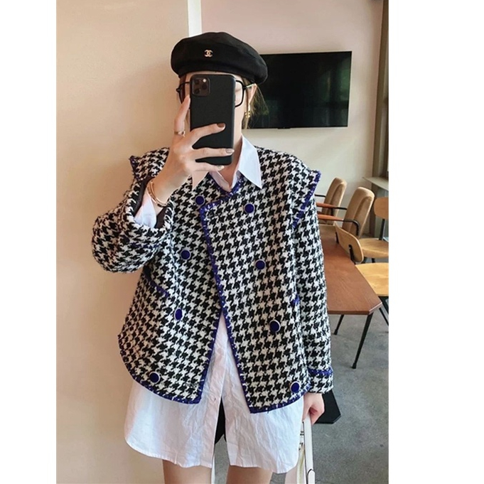 (Hàng Đẹp)Ảnh thật 4 hình cuối-HC589.Áo khoác dạ tweed thiết kế kiểu mới Hàn Quốc chanh xả