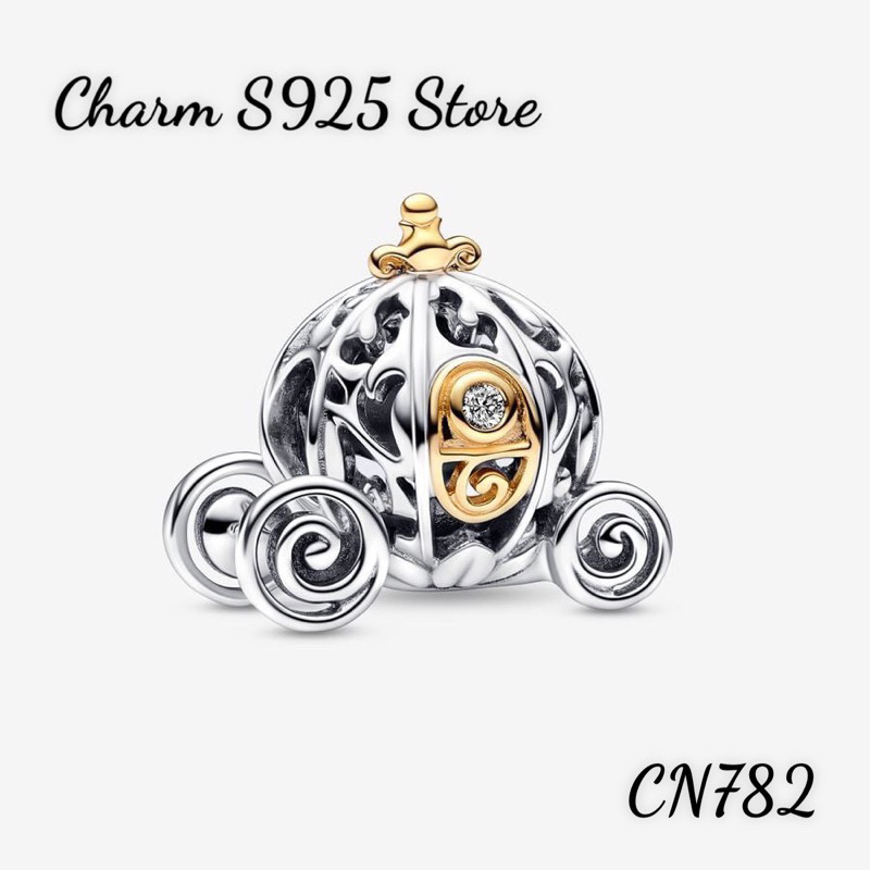 CHARM PAN ALE CỖ XE HOẠ TIẾT VÀNG PHỐI TRẮNG BẠC S925 THUẦN KHIẾT HÀNG CAO CẤP