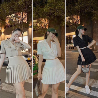 Set kaki áo vest genger dress phối chân váy tennis