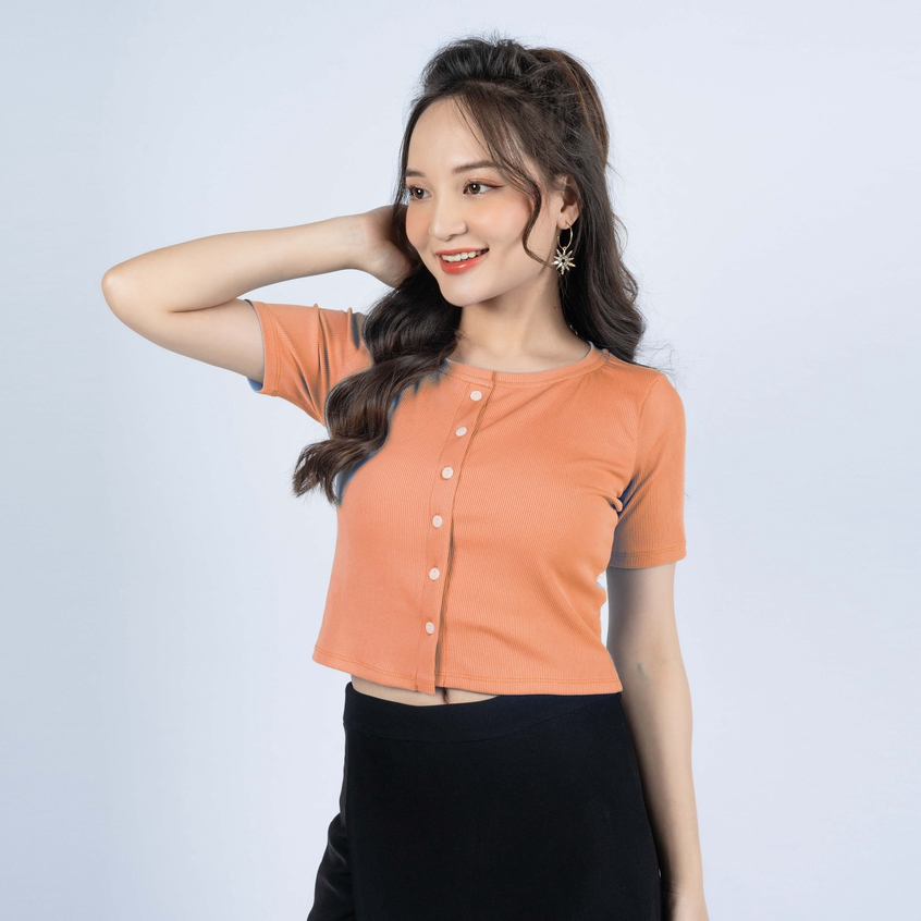 Áo Croptop Body Khóa Cúc Ngắn Tay Madela Dáng Ôm Vải Thun Bozip, Croptop Ngắn Tay Cổ Tròn Phong Cách Hàn Quốc