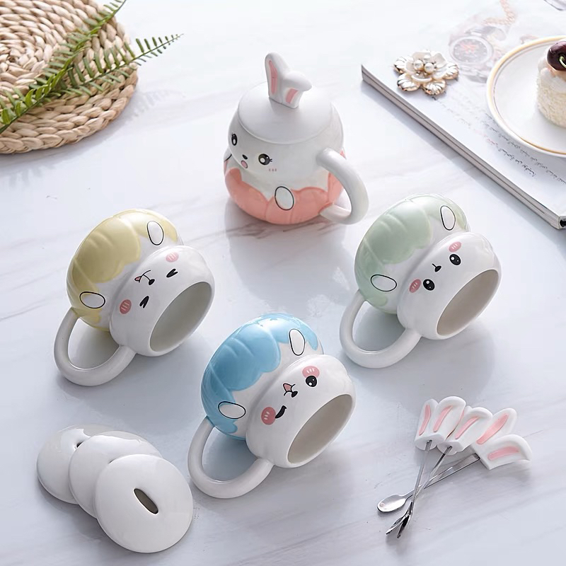 Ly cốc sứ có nắp kèm thìa hình thỏ 3D siêu cute dễ thương 350ml