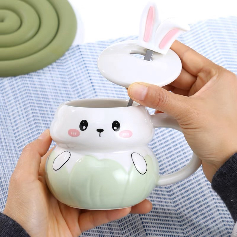 Ly cốc sứ có nắp kèm thìa hình thỏ 3D siêu cute dễ thương 350ml