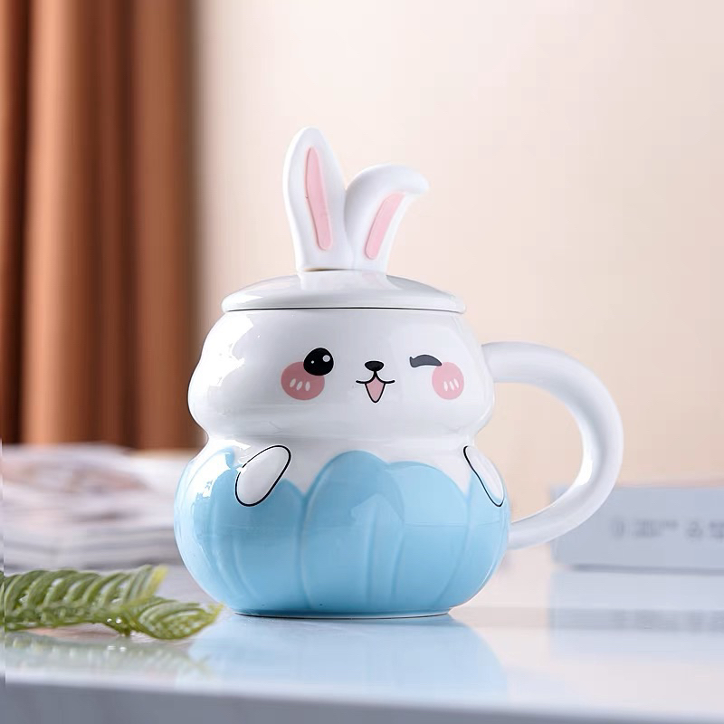 Ly cốc sứ có nắp kèm thìa hình thỏ 3D siêu cute dễ thương 350ml