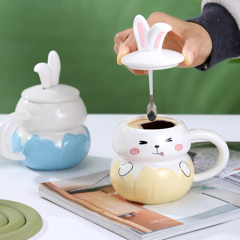 Ly cốc sứ có nắp kèm thìa hình thỏ 3D siêu cute dễ thương 350ml