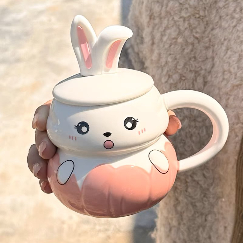 Ly cốc sứ có nắp kèm thìa hình thỏ 3D siêu cute dễ thương 350ml