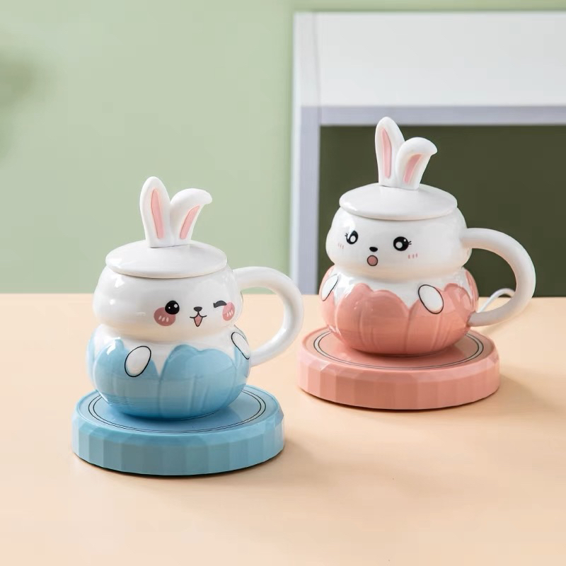 Ly cốc sứ có nắp kèm thìa hình thỏ 3D siêu cute dễ thương 350ml