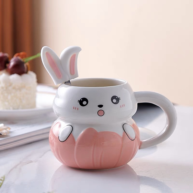 Ly cốc sứ có nắp kèm thìa hình thỏ 3D siêu cute dễ thương 350ml