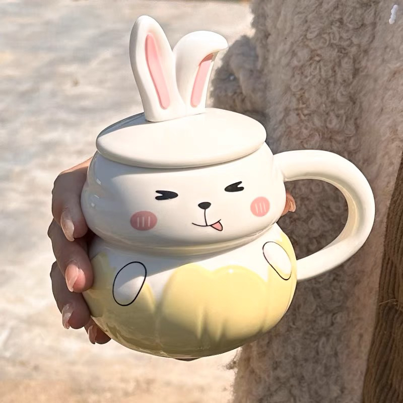 Ly cốc sứ có nắp kèm thìa hình thỏ 3D siêu cute dễ thương 350ml
