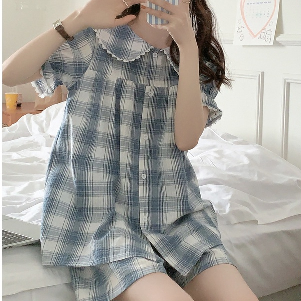 (SẴN) Set bộ sọc caro mặc nhà xanh dương tay ngắn quảng châu