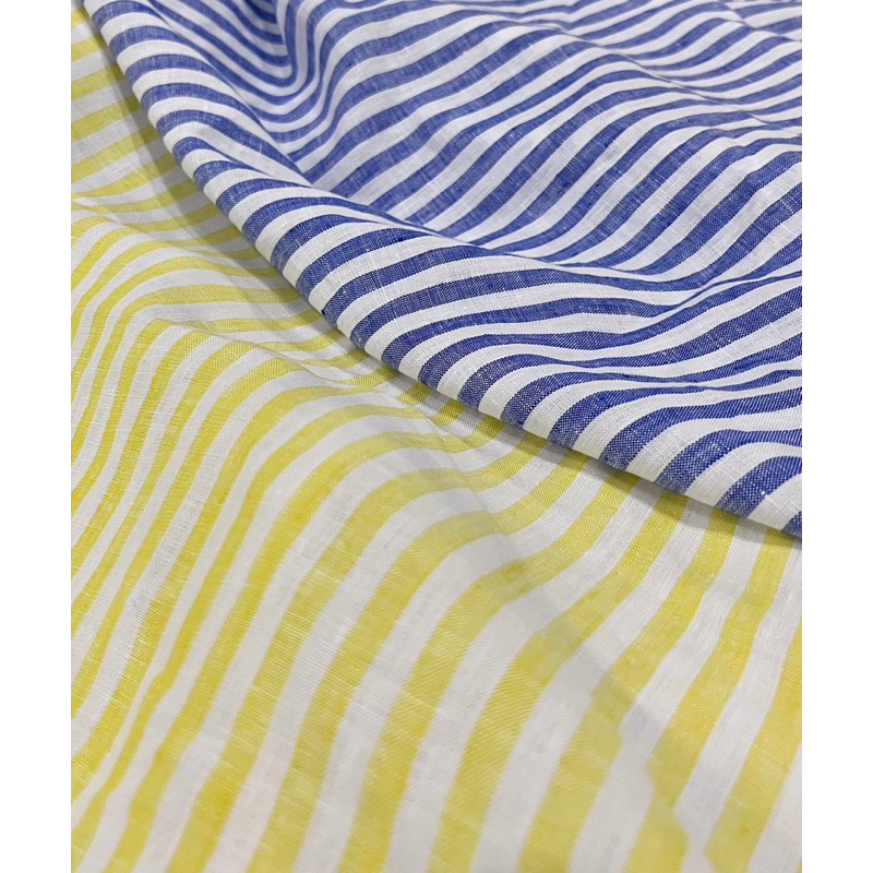 Vải Linen Tưng Premium Sọc màu vàng chanh và xanh dương - Mướt tay, lên đầm quần không cần lót - Khổ 1m40 giá 110k/m