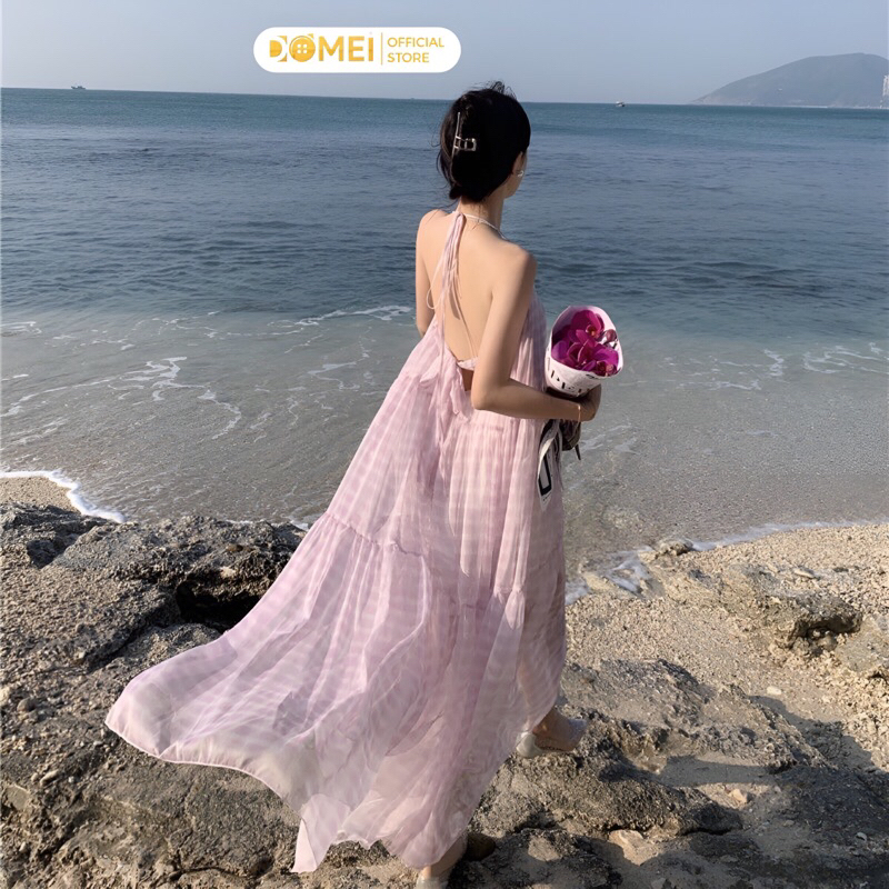 Váy Maxi DOMEI Phối Lưới-Thời Trang Đi Biển Màu Tím Nhạt