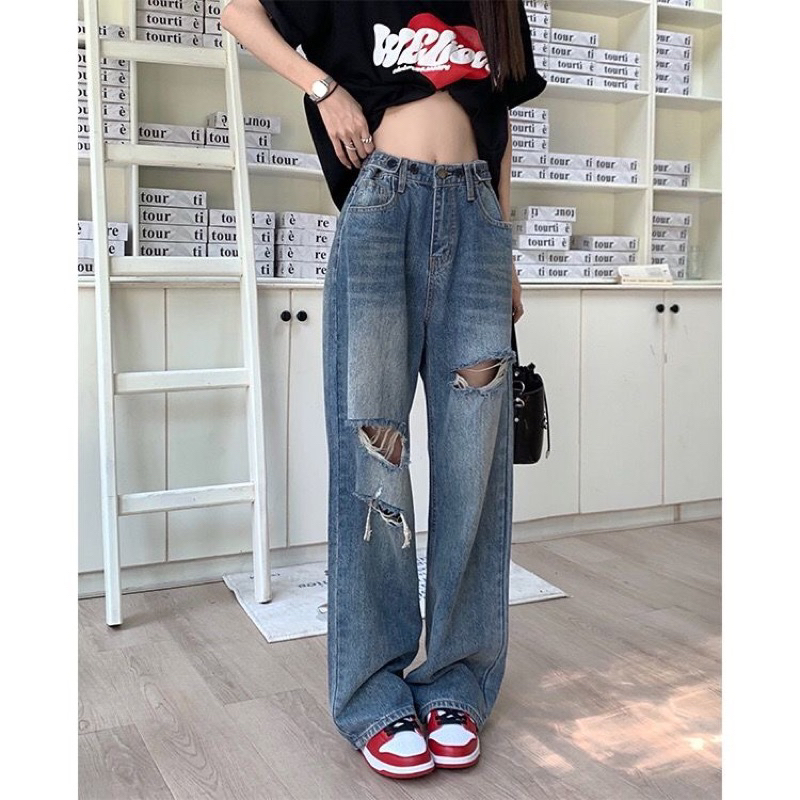 QUẦN JEAN ỐNG SUÔNG RÁCH 2 BÊN MÀU XANH SIÊU HOT