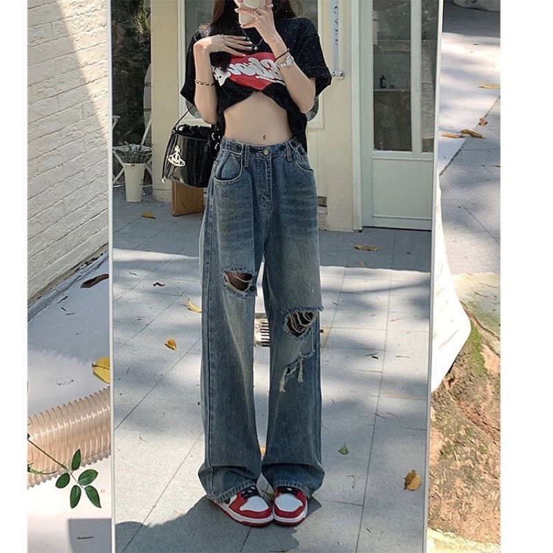 QUẦN JEAN ỐNG SUÔNG RÁCH 2 BÊN MÀU XANH SIÊU HOT