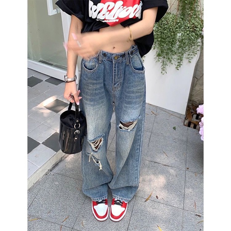 QUẦN JEAN ỐNG SUÔNG RÁCH 2 BÊN MÀU XANH SIÊU HOT