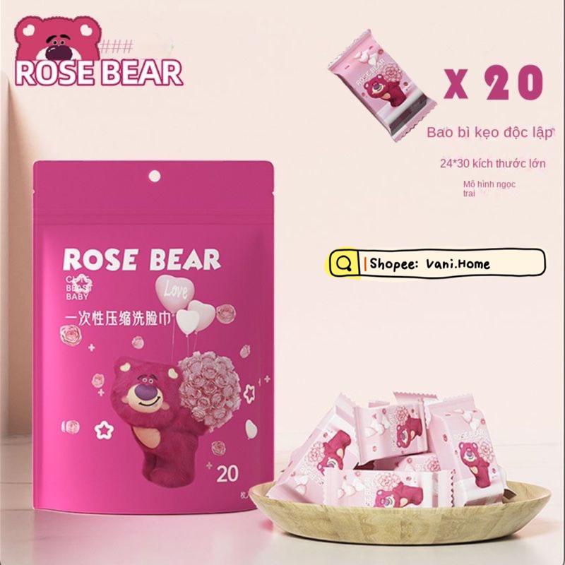 Bịch 20 viên nén rửa mặt hoạ tiết gấu dâu Lotso hình viên kẹo- Khăn giấy nén du lịch gấu dâu đa năng phong cách Hàn Quốc