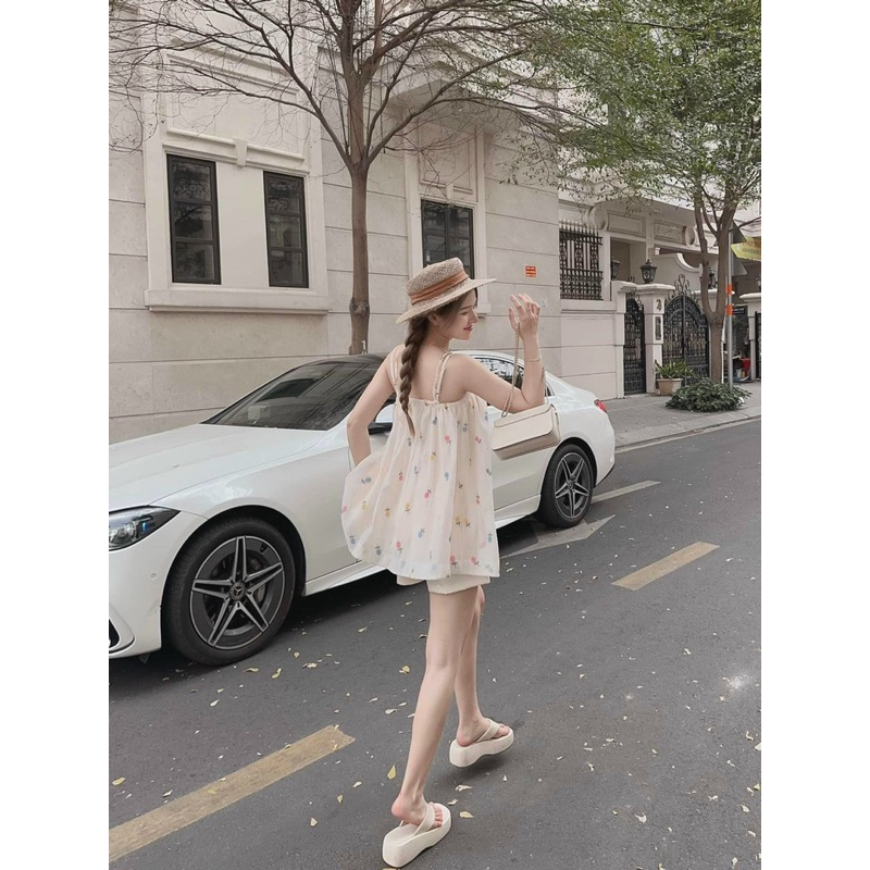 Set Áo Hai Dây Kiểu Babydoll Kèm Quần Hoa Siêu Xinh S010