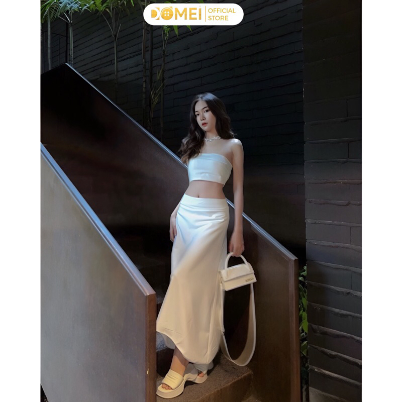 Set Váy Croptop DOMEI Lụa Chân Váy Dài Dáng Ôm Áo Cúp Ngực Màu Trắng