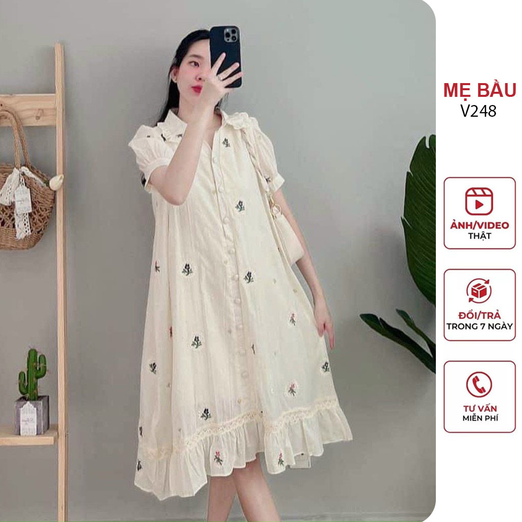 VÁY ĐẦM BẦU CÔNG SỞ DÁNG TIỂU THƯ CỔ SƠ MI PHỐI HOA NHÍ ĐẸP - ĐẦM BẦU MÙA HÈ XINH THỜI TRANG THIẾT KẾ FREESIZE