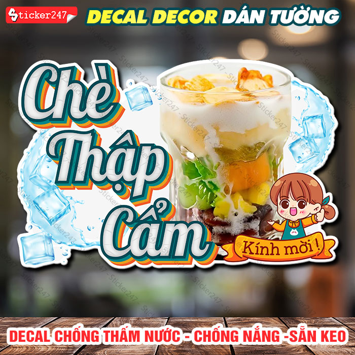 Decal Trang Trí Chè Thập Cẩm 🌈 Hình Dán Chè 3 Màu Decor Trang Trí Tiệm Chè, Quán Trà Sữa - Decal Dán Tường Chống Nước