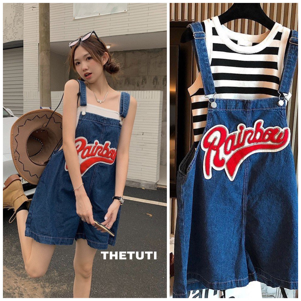 Quần yếm jeans THETUTI xanh đậm dáng ngắn ống rộng in chữ Rainbow, năng động - cá tính