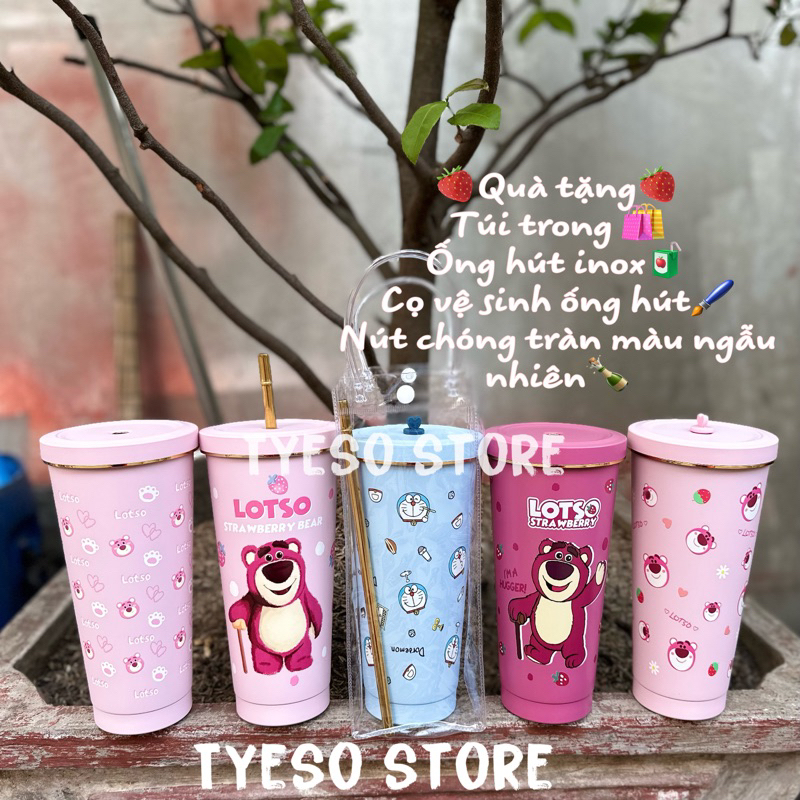 Ly Giữ Nhiệt Kute Thái Lan 750ML+Ống hút+Túi Trong+cọ vệ sinh+nút đậy( gấu dâu - lotso )