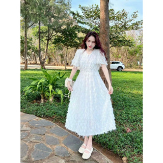 Đầm váy tiểu thư trắng tinh, chất lông vũ xô dáng dài suông tay phồng dành cho các bạn nữ mặc đi chơi siêu xinh xắn