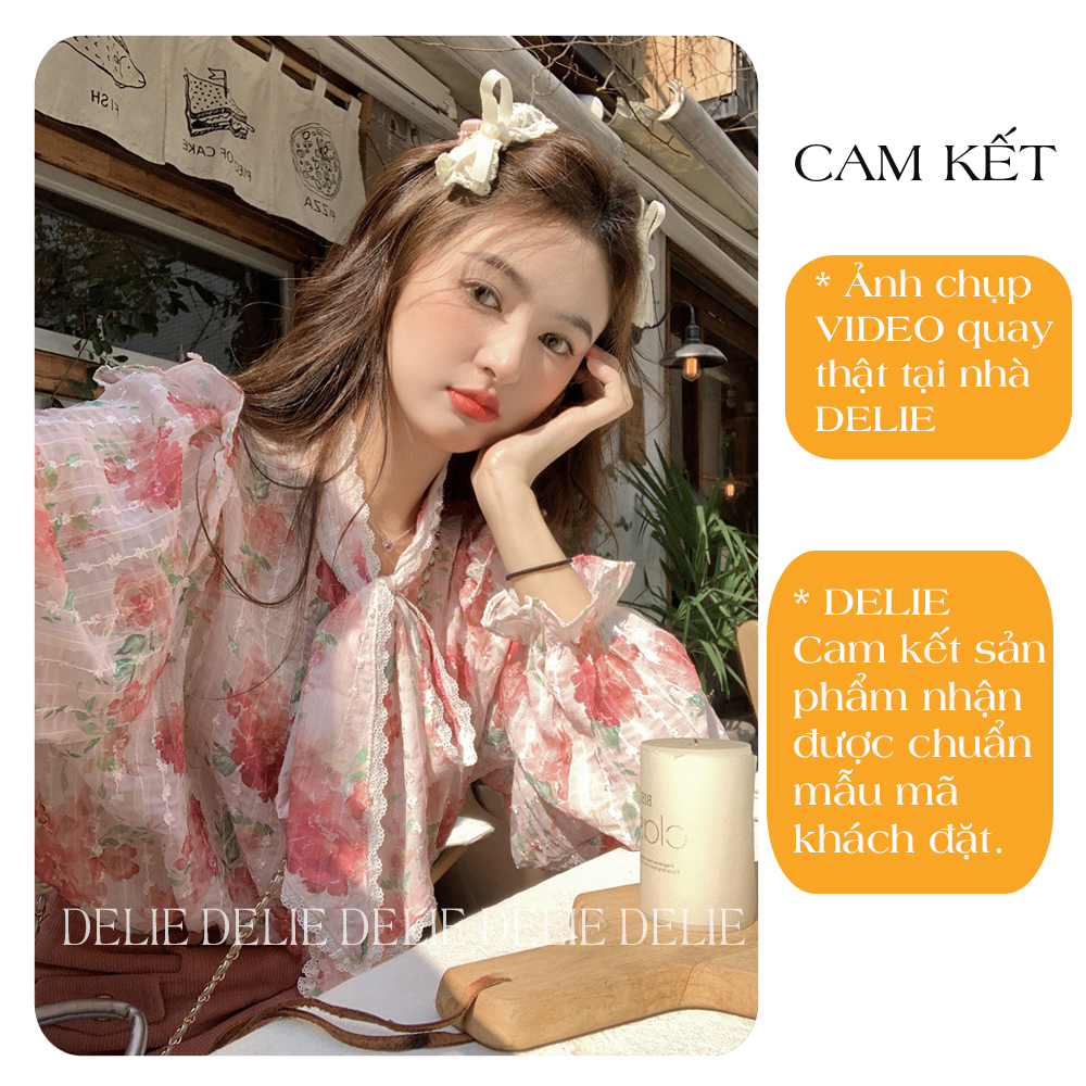 Áo tiểu thư hoa tay phồng DELIE áo sơ mi hoa nhí kiểu Pháp phối ren cao cấp cổ bèo dáng rộng phong cách mới AK06