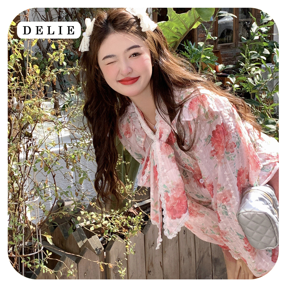 Áo tiểu thư hoa tay phồng DELIE áo sơ mi hoa nhí kiểu Pháp phối ren cao cấp cổ bèo dáng rộng phong cách mới AK06