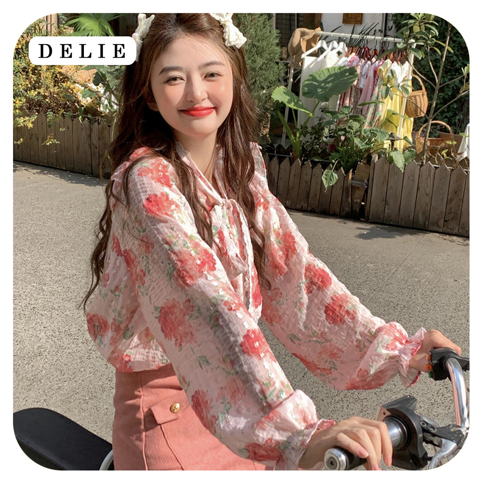 Áo tiểu thư hoa tay phồng DELIE áo sơ mi hoa nhí kiểu Pháp phối ren cao cấp cổ bèo dáng rộng phong cách mới AK06