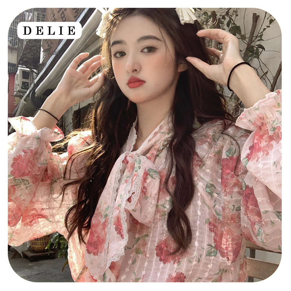 Áo tiểu thư hoa tay phồng DELIE áo sơ mi hoa nhí kiểu Pháp phối ren cao cấp cổ bèo dáng rộng phong cách mới AK06