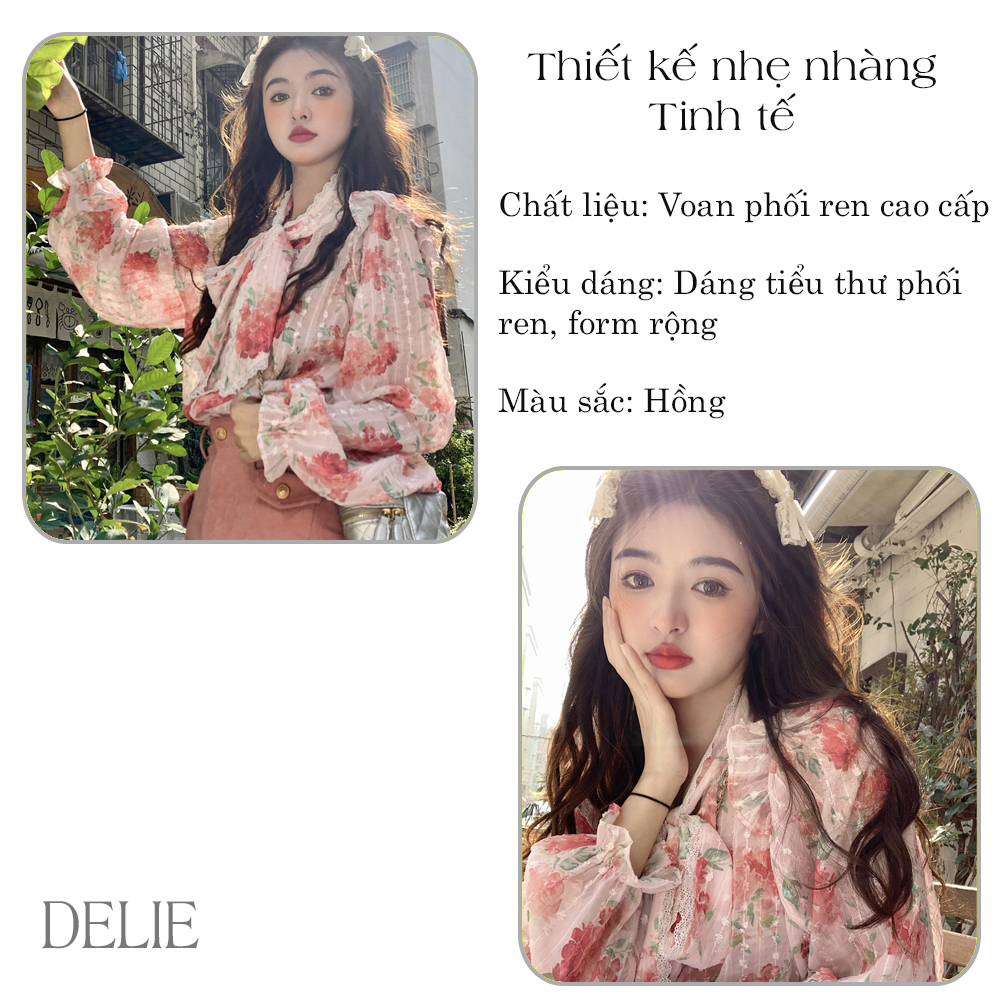 Áo tiểu thư hoa tay phồng DELIE áo sơ mi hoa nhí kiểu Pháp phối ren cao cấp cổ bèo dáng rộng phong cách mới AK06