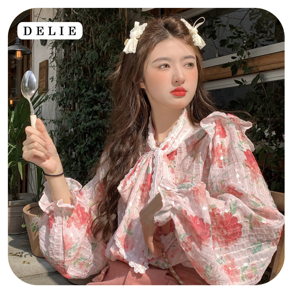 Áo tiểu thư hoa tay phồng DELIE áo sơ mi hoa nhí kiểu Pháp phối ren cao cấp cổ bèo dáng rộng phong cách mới AK06