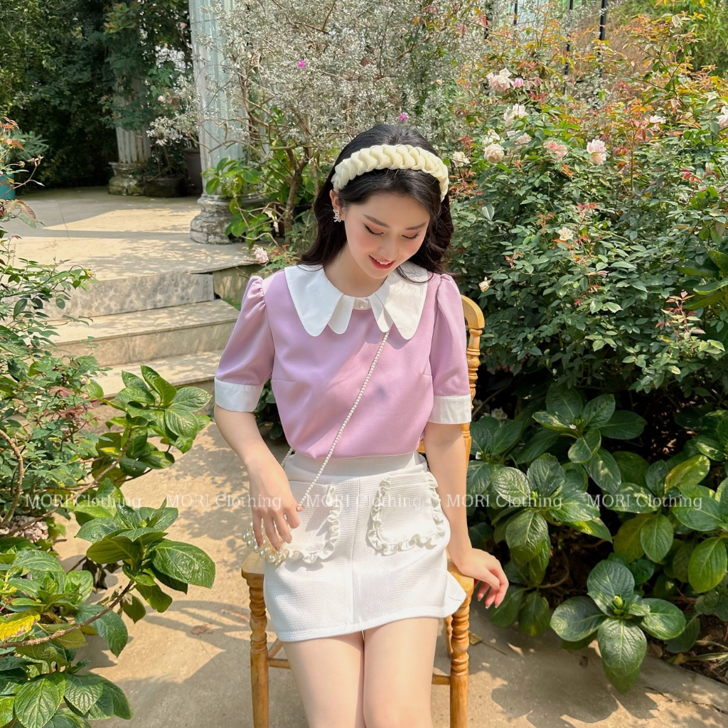 Áo sơ mi nữ tay ngắn cổ sen màu tím đi chơi đi làm chất thô nến phong cách tiểu thư thời trang A959 MORI CLOTHING