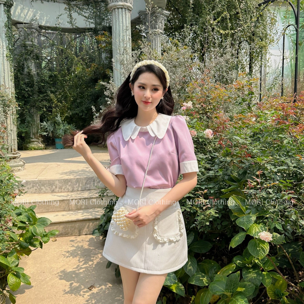 Áo sơ mi nữ tay ngắn cổ sen màu tím đi chơi đi làm chất thô nến phong cách tiểu thư thời trang A959 MORI CLOTHING