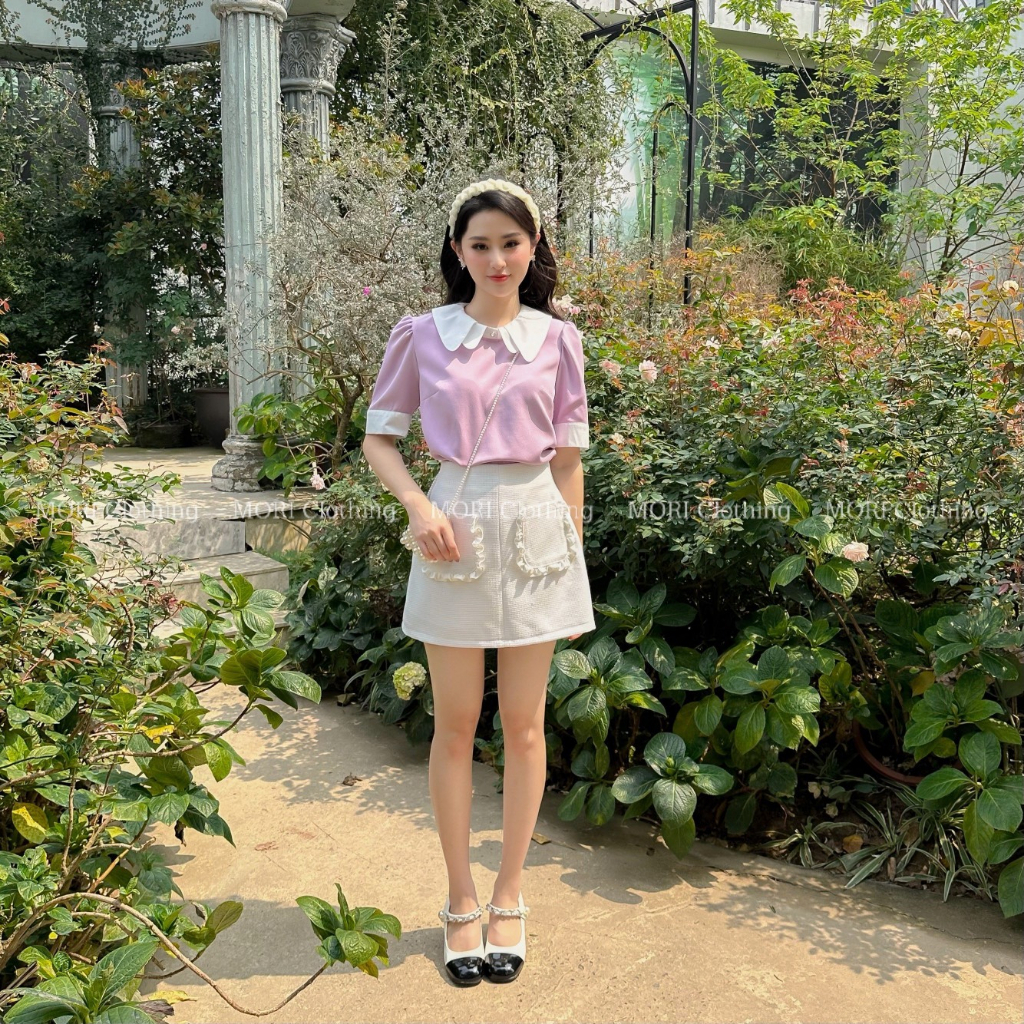 Áo sơ mi nữ tay ngắn cổ sen màu tím đi chơi đi làm chất thô nến phong cách tiểu thư thời trang A959 MORI CLOTHING